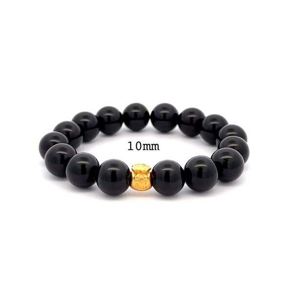 24K Gold Money Bag Lucky Charm Stretchable Bracelet Natural Onyx 10mm - Picture 1 of 4
